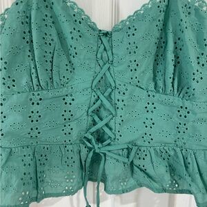 Green Eyelet Lace-Up Women's Top